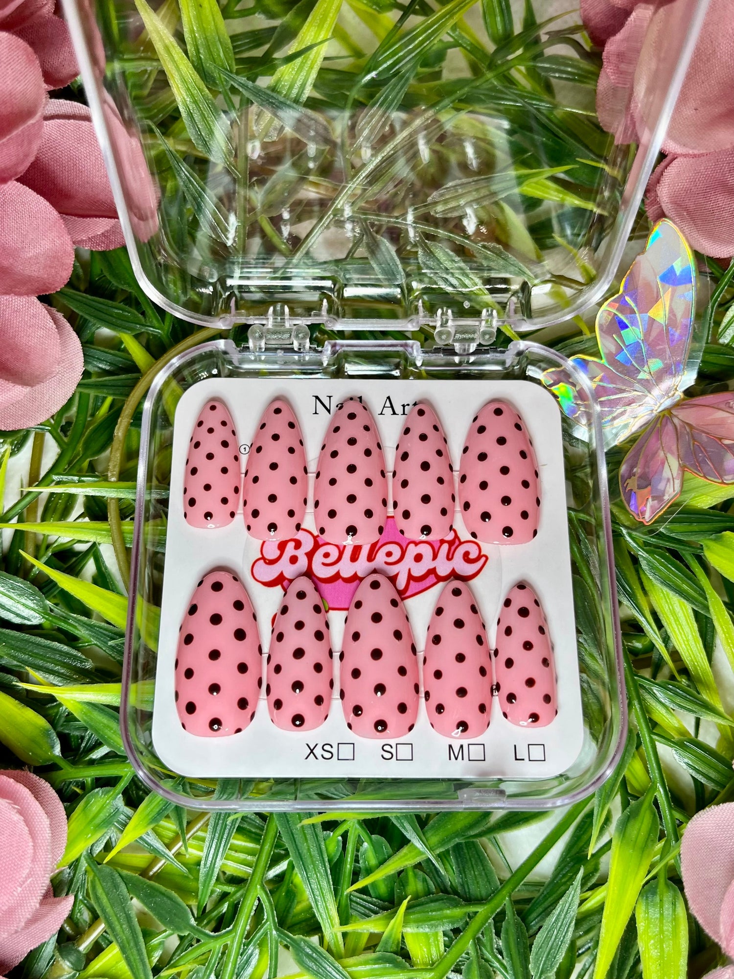 Pink press-on nails with brown polka dots – Bell Epic Soft Elegance collection